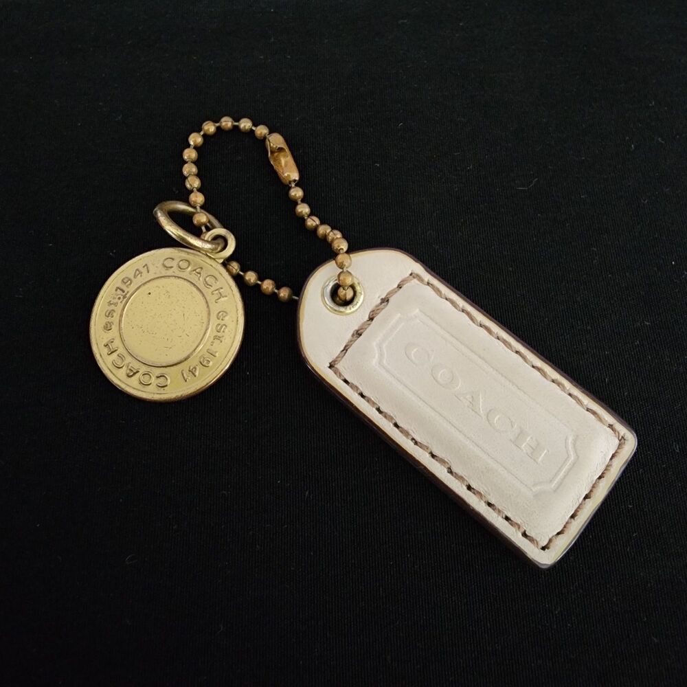 COACH Y2K VINTAGE Round Disc Bag Charm & Cream Hang Tag Keychain Fob Gold Brass